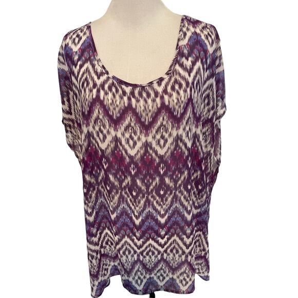 Torrid Purple Ikat Aztec Print Top Women's Size 2X Sheer Cut Out Bow Back Blouse - Picture 3 of 9